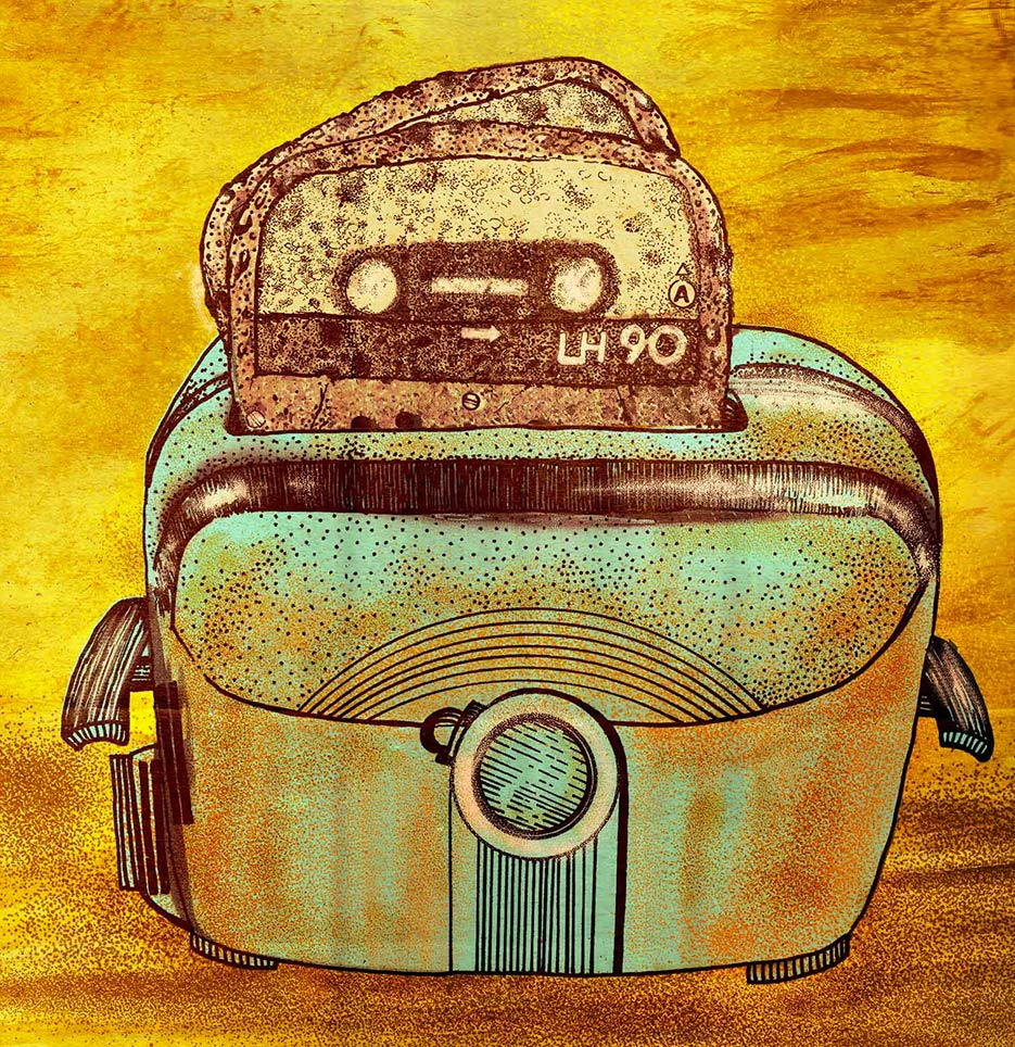 nastro anni 90 con tosta pane in cassetta musica illustrazione
