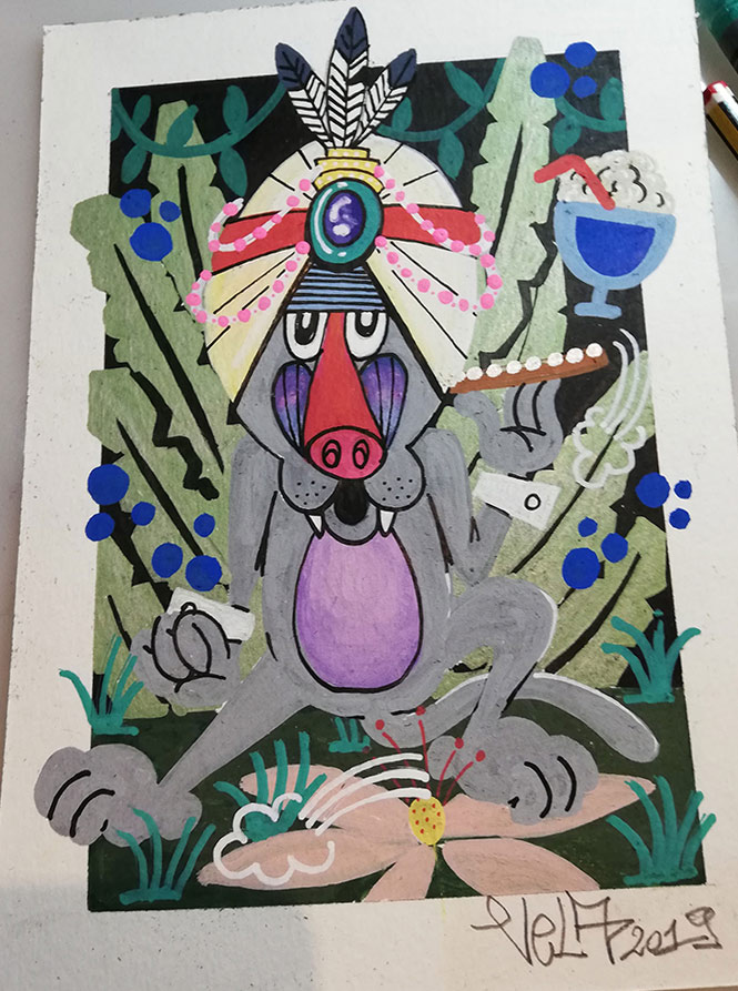disegno di scimmia babbuino nella giungla - illustrazione opera contemporanea artista