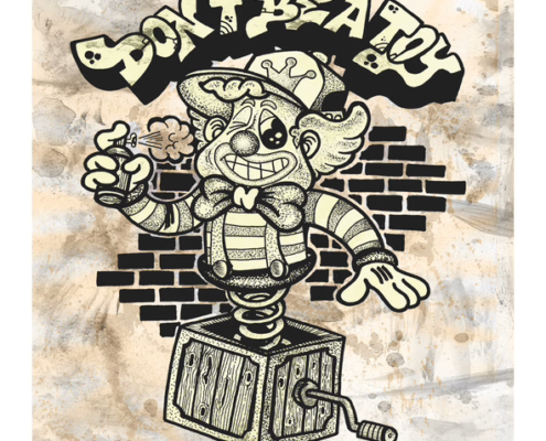 Illustrazione graffiti Don't be a Toy stile cartoon e puntinato per magliette handmade marer graffiti roma mr vela
