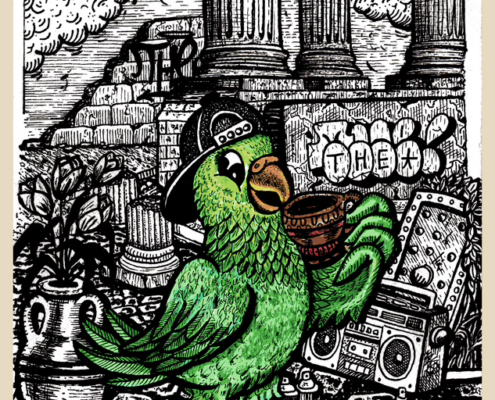 Illustrazione a marker di un pappagallo verde pappagallino parrocchetto con sneakers e graffiti tra le rovine di Roma di Mr. Vela.