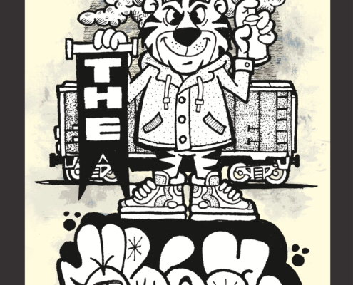 Illustrazione a marker di una tigre writer davanti a un treno merci con lettering graffiti bubble.