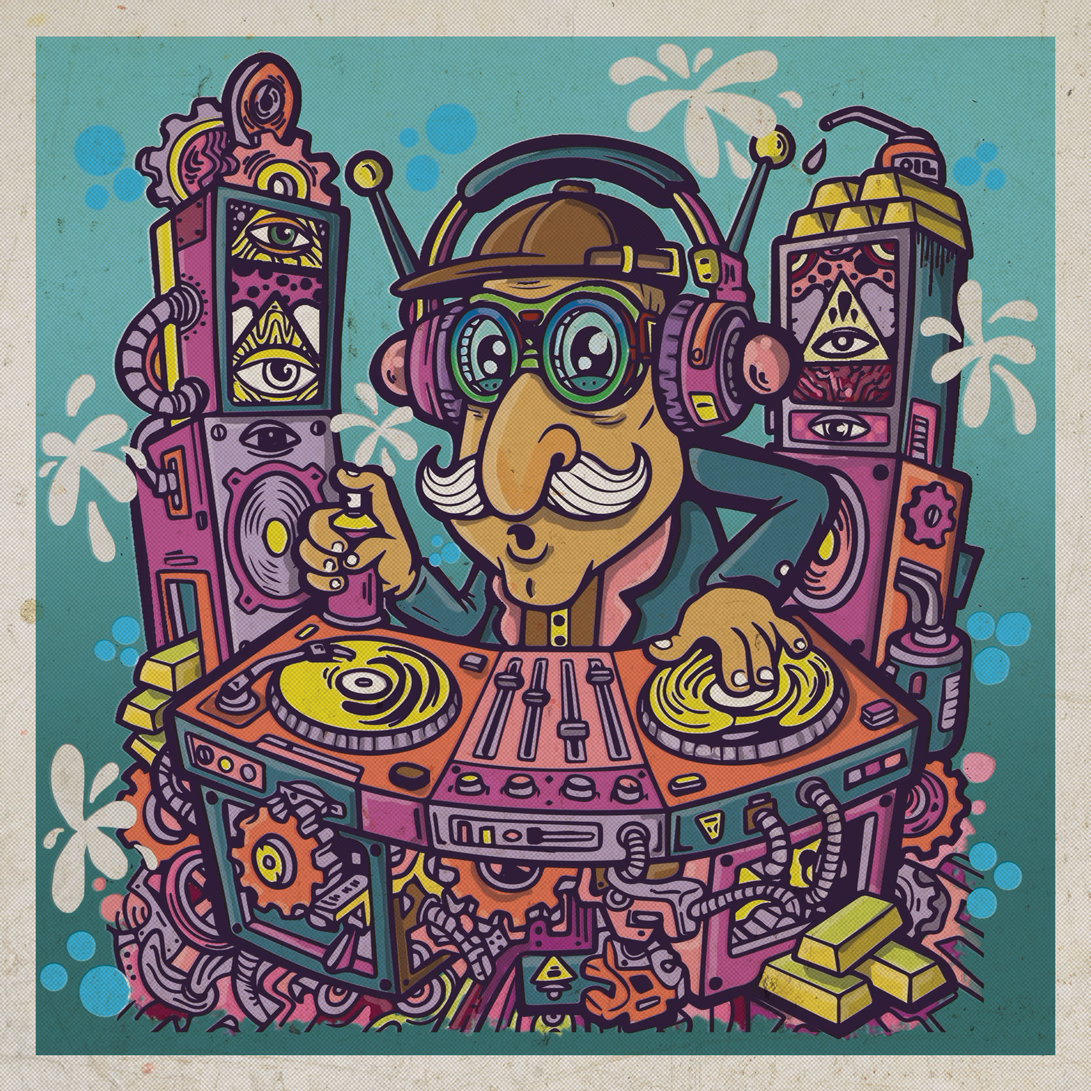 Illustrazione character di un DJ in stile Graffiti Funk con consolle e bomboletta spray creata da Mr. Vela a Roma.